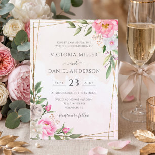Convite Casamento Geométrico Floral em Aquarela Rosa Doura