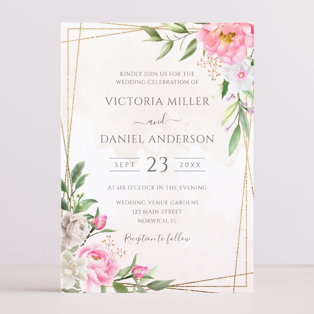 Convite Casamento Geométrico Floral em Aquarela Rosa Doura (Criador carregado)