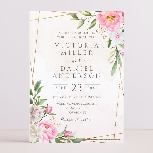 Convite Casamento Geométrico Floral em Aquarela Rosa Doura (Criador carregado)