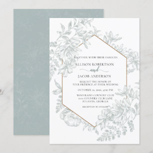 Convite Casamento Geométrico Floral em Branco e Verde Sálv