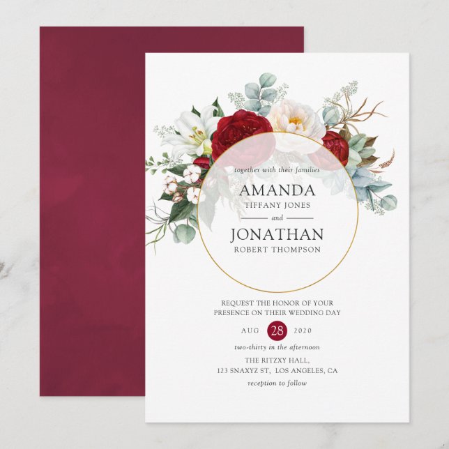 Convite Casamento Geométrico Floral em Vermelho Borgonha e (Frente/Verso)
