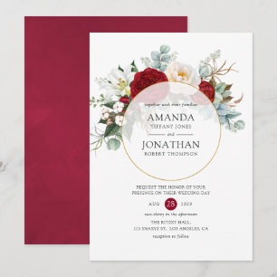 Convite Casamento Geométrico Floral em Vermelho Borgonha e
