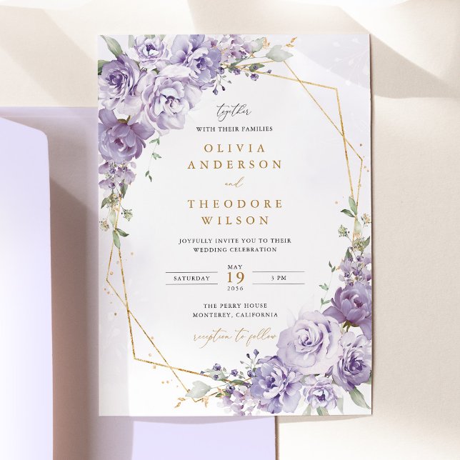 Convite Casamento Geométrico Floral Lavanda Dourado (Lavender Floral Gold Geometric Wedding Invitation, elegant purple rose wedding invite stationery)