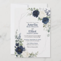 Casamento Geométrico Floral Marfim Azul Marinho