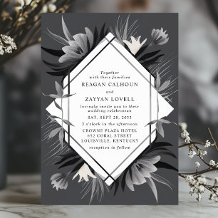 Convite Casamento Geométrico Floral Monocromático Elegante