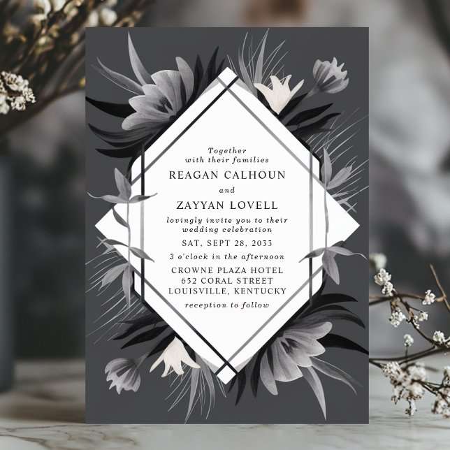 Convite Casamento Geométrico Floral Monocromático Moderno  (Criador carregado)