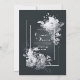 Convite Casamento Geométrico Floral Preto Branco Monocromá