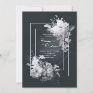 Convite Casamento Geométrico Floral Preto Branco Monocromá