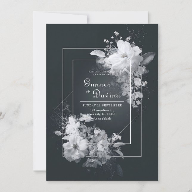 Convite Casamento Geométrico Floral Preto Branco Monocromá (Frente)