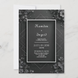 Convite Casamento Geométrico Floral Preto Monocromático
