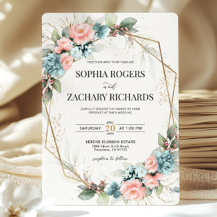 Convite Casamento Geométrico Floral Rosa Coral Azul Empoei