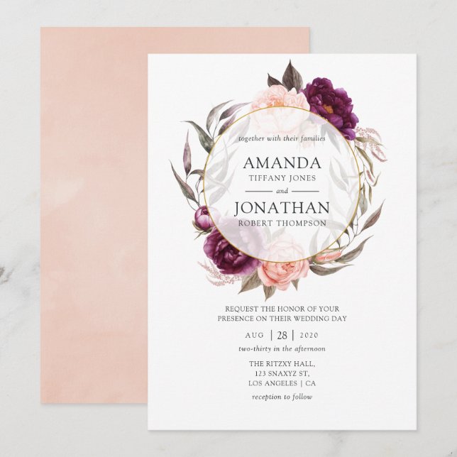 Convite Casamento Geométrico Floral Rosa e Ameixa Borgonha (Frente/Verso)