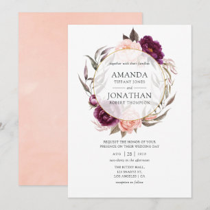 Convite Casamento Geométrico Floral Rosa e Ameixa Borgonha