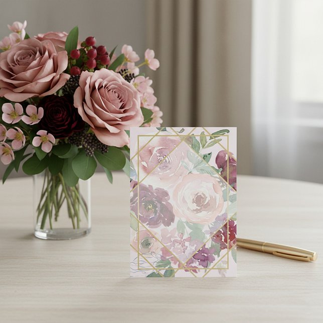 Convite Casamento geométrico floral rosa e dourado em bran (Criador carregado)