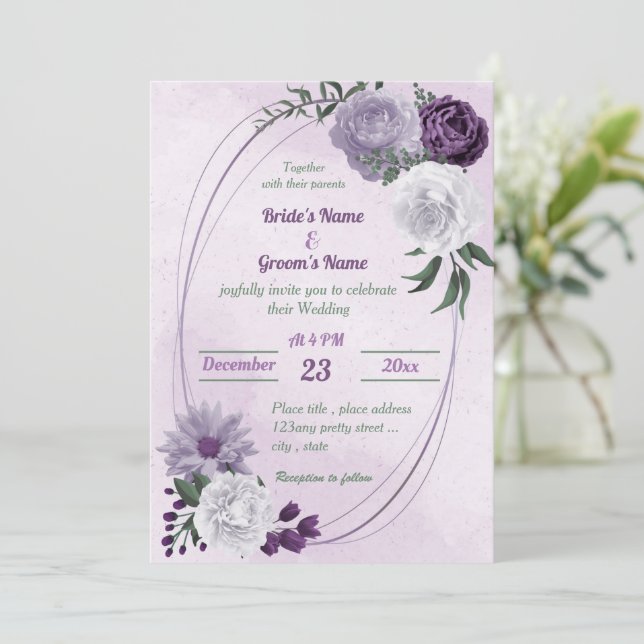 Convite casamento geométrico floral roxo e branco (Em pé/Frente)