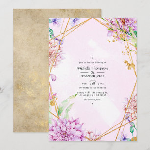 Convite Casamento Geométrico Floral Roxo e Dourado