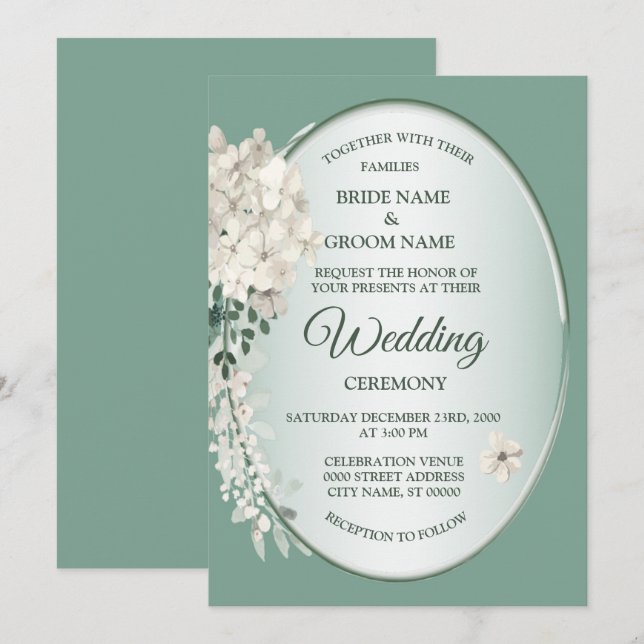 Convite Casamento Geométrico Floral Verde Jasmine Branco (Frente/Verso)