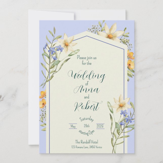 Convite Casamento Geométrico Lilac E Flores Brancas (Frente)