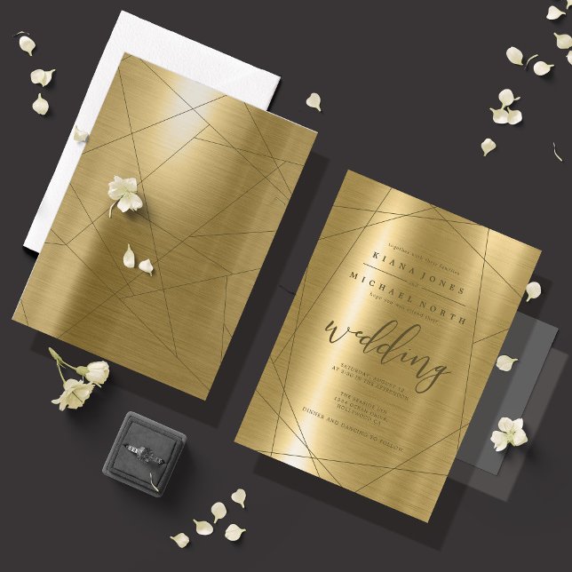 Convite Casamento Geométrico Metálico Dourado ID648 (Front/Back In Situ)