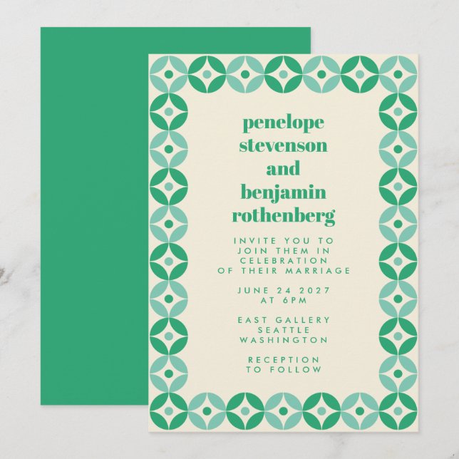 Convite Casamento Geométrico Moderno Chic Verde (Frente/Verso)
