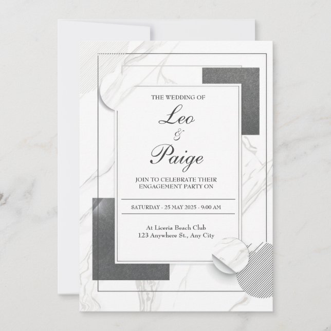 Convite Casamento Geométrico Moderno em Mármore Preto Abst (Frente)