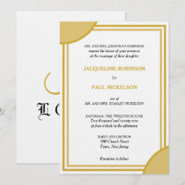 Convite Casamento Geométrico Monograma Dourado Branco