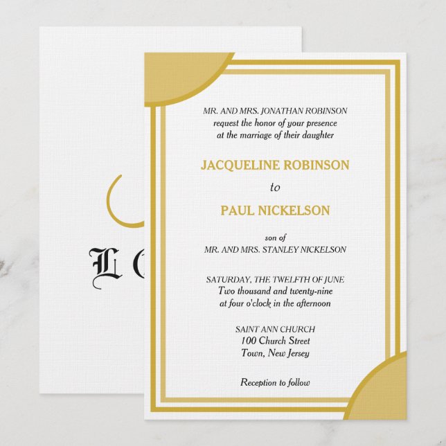 Convite Casamento Geométrico Monograma Dourado Branco (Frente/Verso)