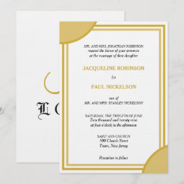 Convite Casamento Geométrico Monograma Dourado Branco