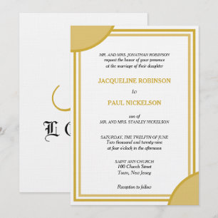 Convite Casamento Geométrico Monograma Dourado Branco