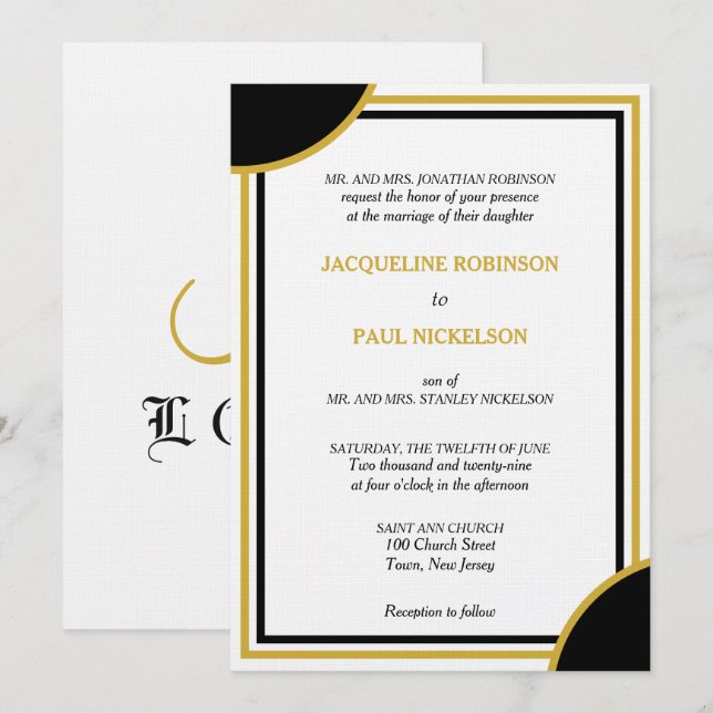 Convite Casamento Geométrico Monograma Dourado Branco Pret (Frente/Verso)