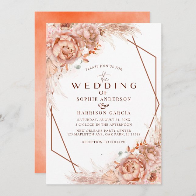 Convite Casamento Geométrico Pampas de Grama de Terracotta (Frente/Verso)