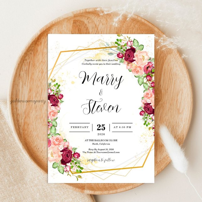 Convite Casamento Geométrico Poligonal Floral em Dourado e (Burgundy Floral Gold Polygonal Geometric Wedding)