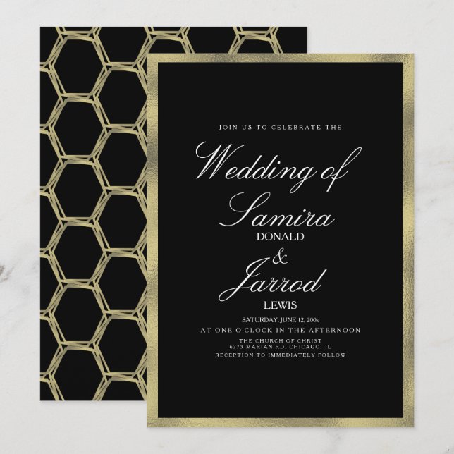 Convite Casamento Geométrico Preto Dourado Falso Moderno (Frente/Verso)