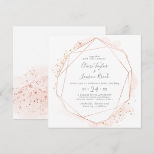 Convite Casamento Geométrico Quadrado com rosa Dourado Wat