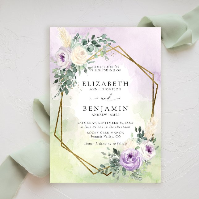 Convite Casamento Geométrico Rustic Lavanda Purple Boho Ch (purple lavender lilac wedding invitation watercolor elegant rustic floral geometric boho chic)