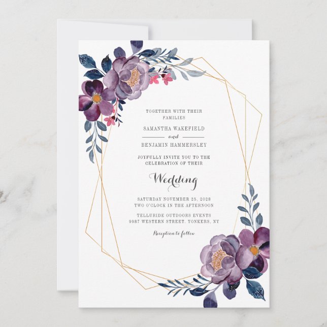 Convite Casamento Geométrico Script Azul Floral Poeira  (Frente)