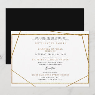 Convite Casamento Geométrico Simples Branco Preto e Dourad