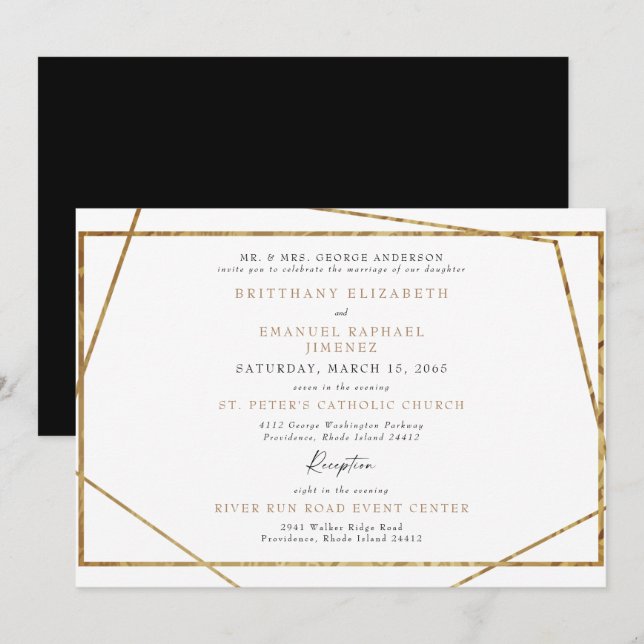 Convite Casamento Geométrico Simples Branco Preto e Dourad (Frente/Verso)