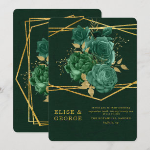 Convite Casamento Geométrico Simples Verde e Dourado