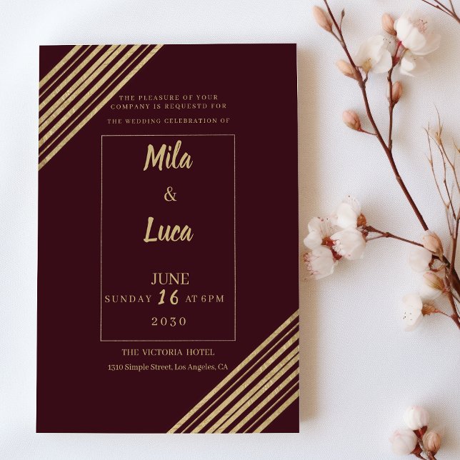 Convite Casamento geométrico tipografia burgundy dourado (Geometrical burgundy gold typo Wedding )