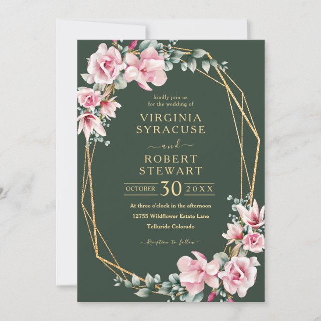 Convite Casamento Geométrico Verde da Magnolia Rosa Esmaga (Frente)