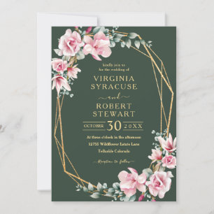 Convite Casamento Geométrico Verde da Magnolia Rosa Esmaga