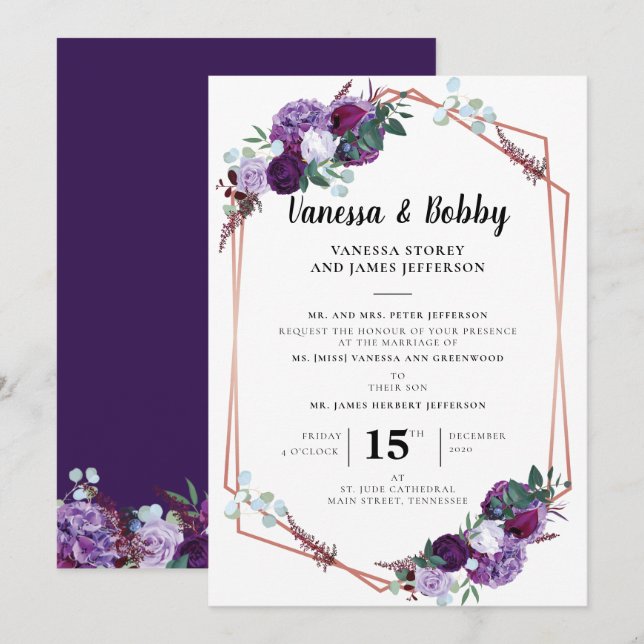 Convite Casamento Geométrico Verde de Script Roxo Floral (Frente/Verso)