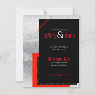 Convite Casamento geométrico vermelho, preto, cinza, listr