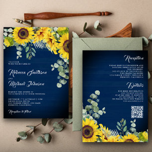 Convite Casamento Girassóis Eucalipto Código QR Azul Marin