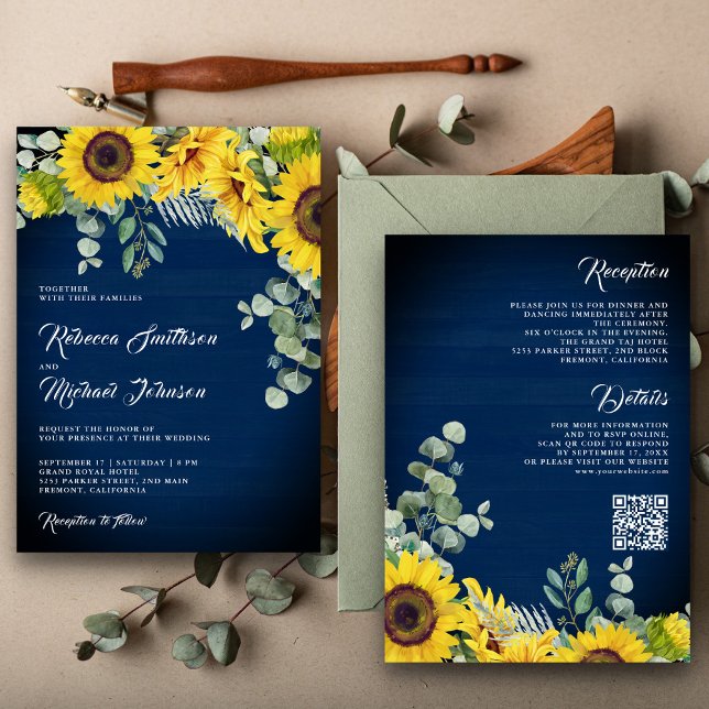 Convite Casamento Girassóis Eucalipto Código QR Azul Marin (Criador carregado)