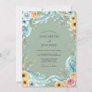 Convite Casamento Girassol Amarelo Eucalipto Azul