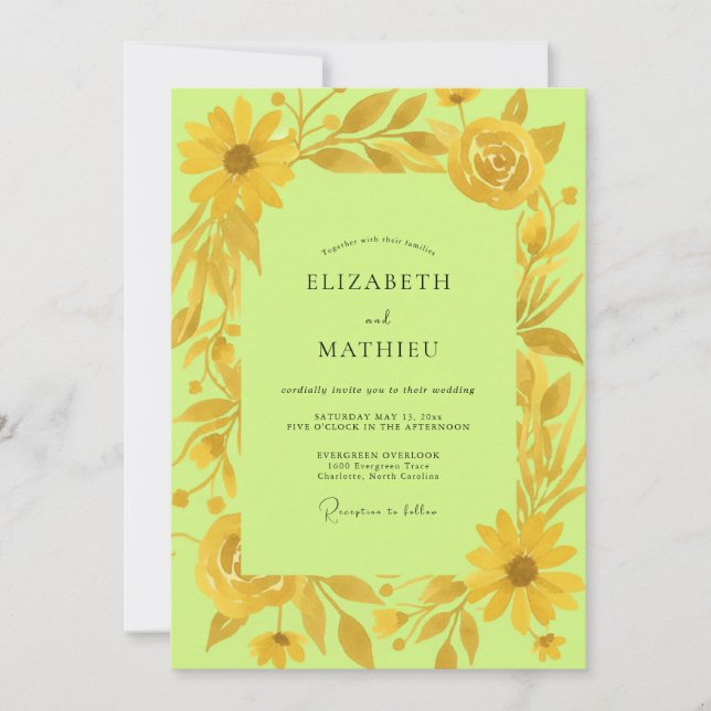 Convite Casamento Girassol Dourado Eucalipto Chartreuse (Frente)