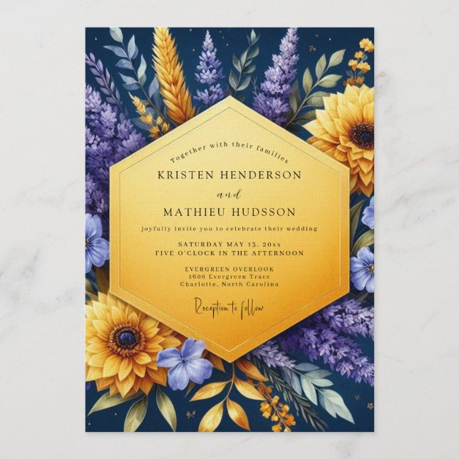Convite Casamento Girassol Dourado Índigo (Frente)