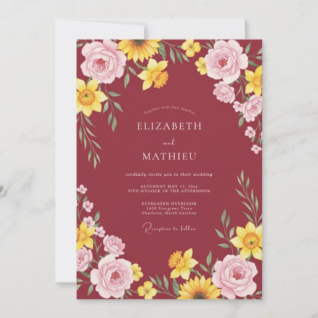 Convite Casamento Girassol Eucalipto Amarelo Borgonha (Frente)